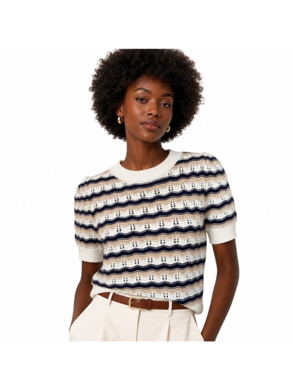 Marled Women Knit Short Sleeve Sweater M Beige Navy White Stripe Nautical Preppy